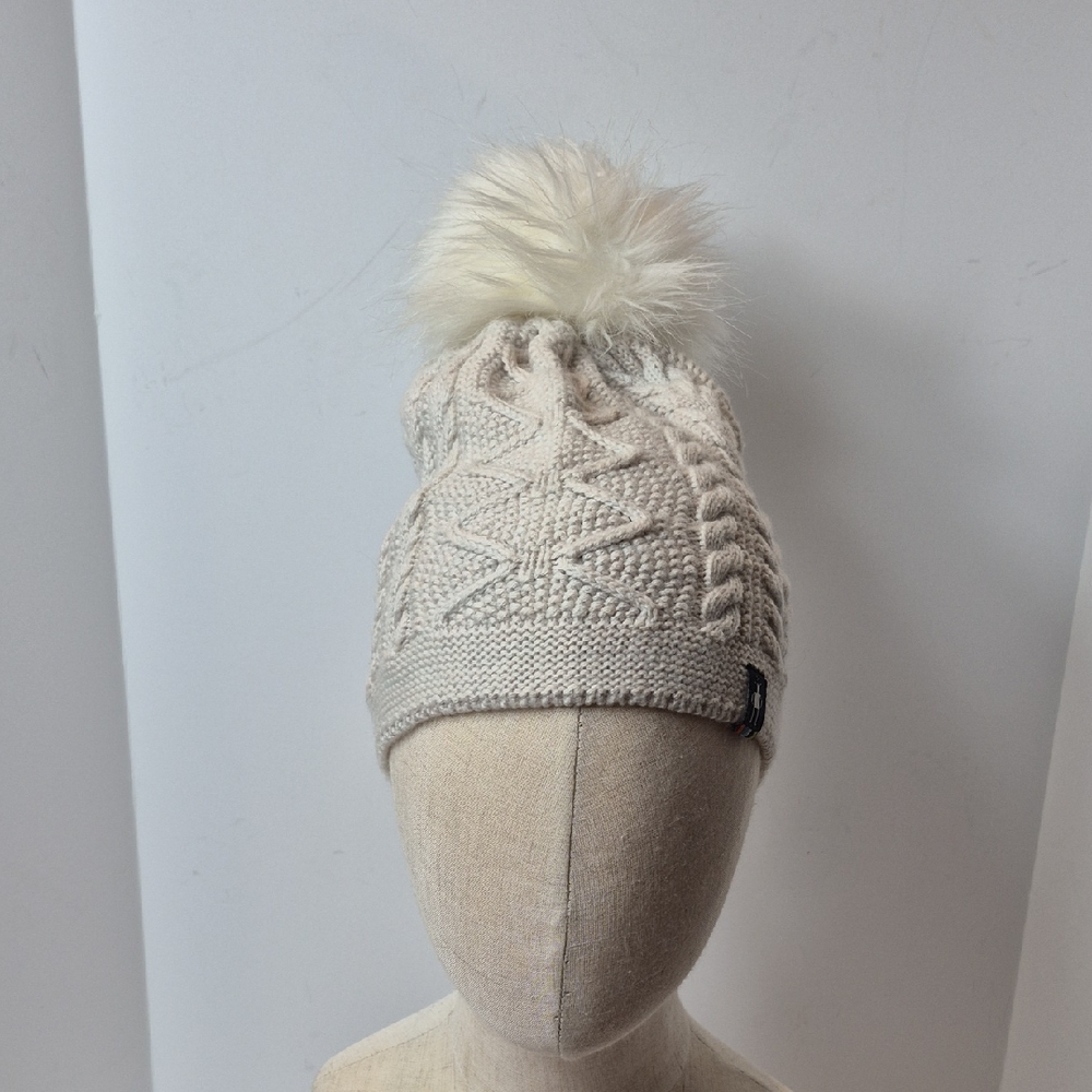 Turtle Fur Womens Cable Knit Pom Pom Beanie OSFM Oatmeal Color Merino Wool Nylon